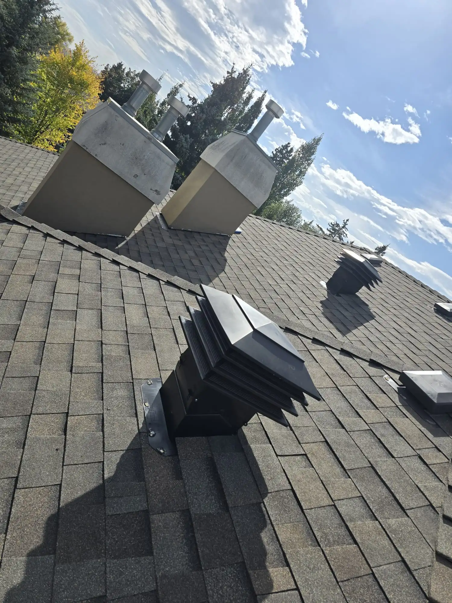 Maxi-Vent 301 exhaust vents improving attic ventilation on a Calgary roof