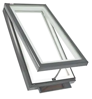 Solar-powered fresh-air venting skylight, shown open
